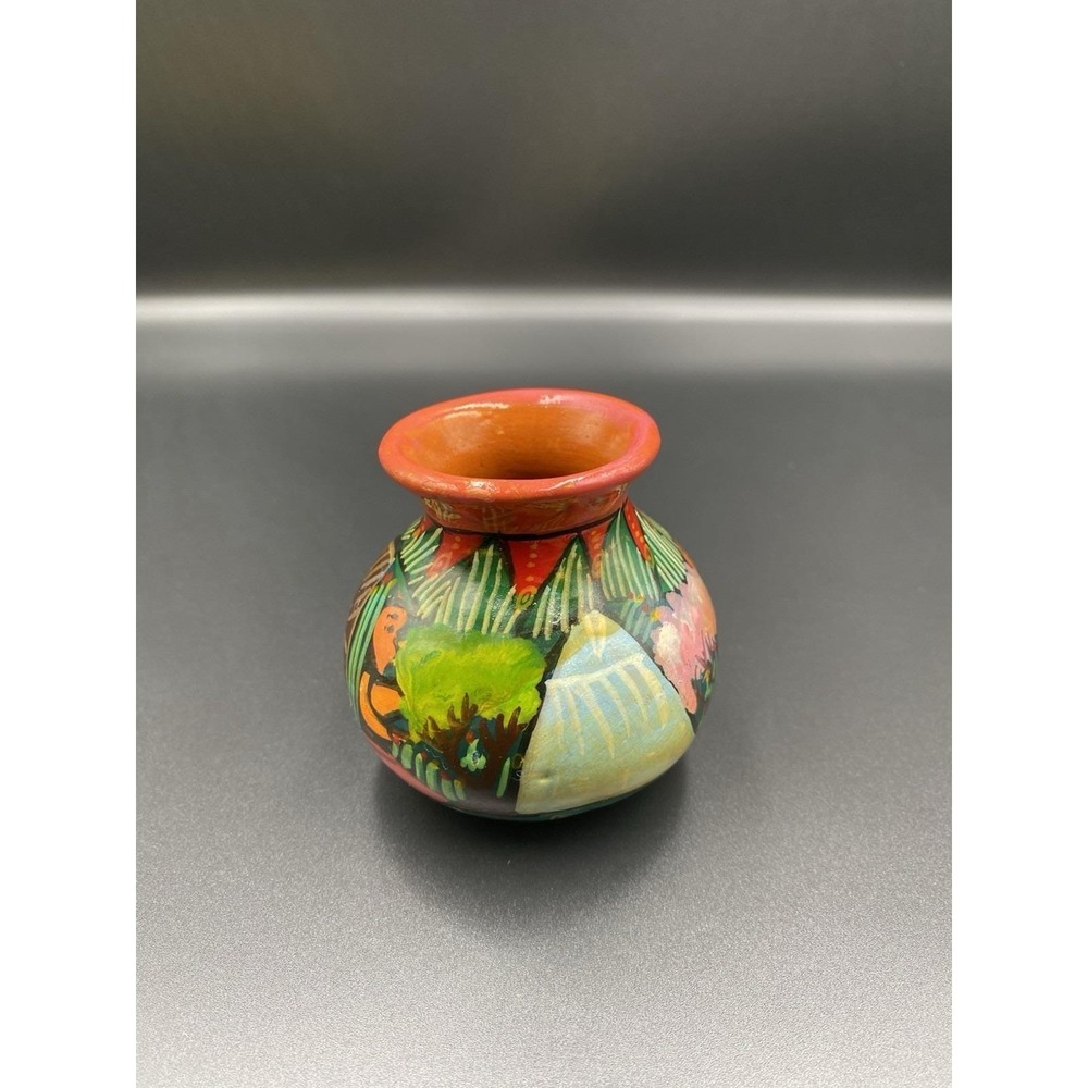 Terra Cotta Vase Mexican Folk-Art Pottery Guerrero Style Hand-Painted Village 3"